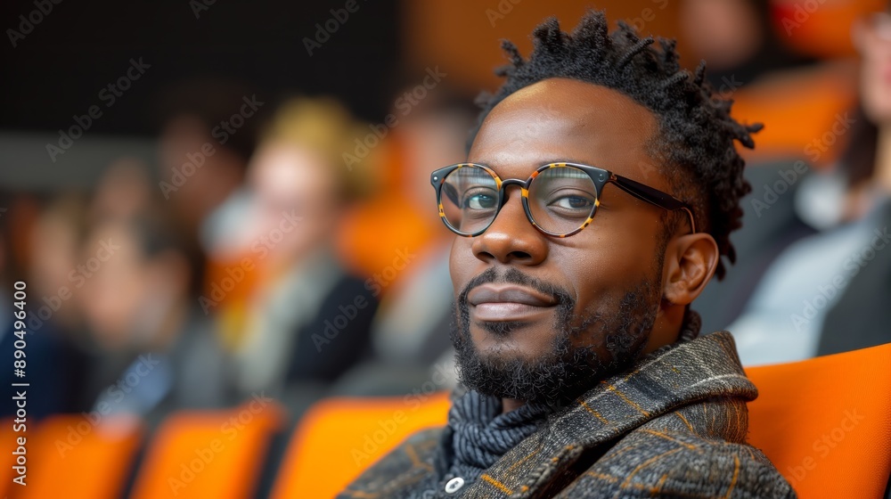 An elegantly dressed African American businessman stands confidently at a conference, with a blurred audience in the background, highlighting the professional atmosphere of the event. An elegantly dressed African American businessman stands confidently at a conference, with a blurred audience in the background, highlighting the professional atmosphere of the event.