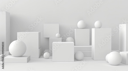 Abstract minimal scene with geometric shapes. Blank podiums and spheres for product presentation. Showcase platform on white background. .