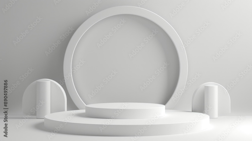 Minimal white podium or pedestal for product showcase on white background. Empty stage. Minimal white podium or pedestal for product showcase on white background. Empty stage.