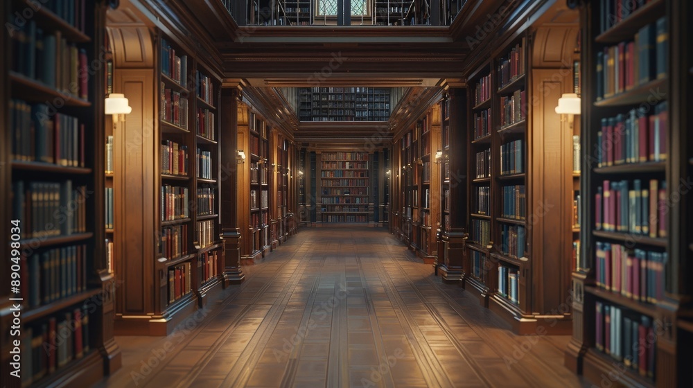 Infinite Dimensions of Knowledge: Minimalist Library Aisles with Dynamic Lighting and Perspective Depth Infinite Dimensions of Knowledge: Minimalist Library Aisles with Dynamic Lighting and Perspective Depth