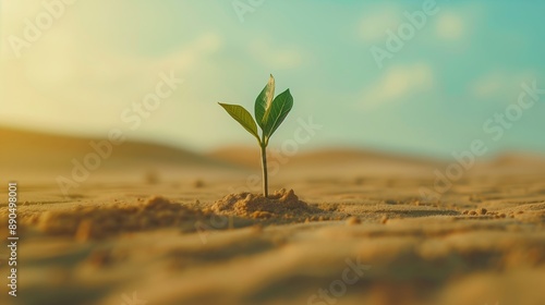 Resilient sapling emerging in barren desert under sunlight