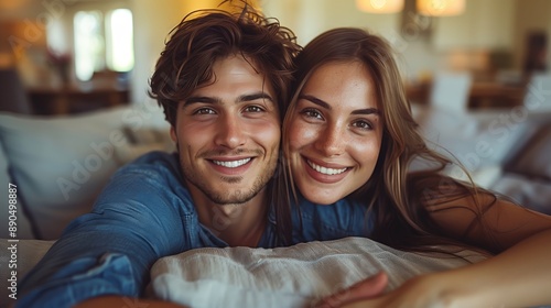 Couple lies down together in a cozy indoor setting © asayenka