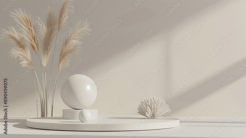 Minimalist Product Display with White Platform, Dried Pampas Grass, and Coral Minimalist Product Display with White Platform, Dried Pampas Grass, and Coral