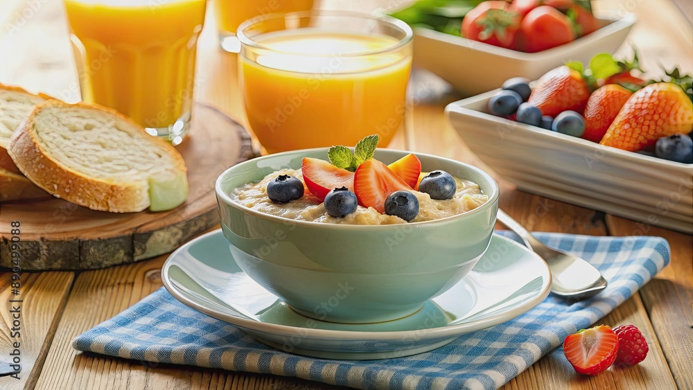 Brightly lit, colorful table setting with a bowl of steaming hot oatmeal, slice of toasted bread, and a glass of freshly squeezed orange juice. Brightly lit, colorful table setting with a bowl of steaming hot oatmeal, slice of toasted bread, and a glass of freshly squeezed orange juice.