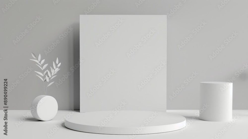 Minimalist White Podium with Leaf Branch and Blank Canvas for product display Minimalist White Podium with Leaf Branch and Blank Canvas for product display