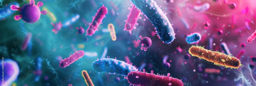 Naklejka premium Probiotics bacteria under microscope abstract colorful background. Close-up of biological medicine