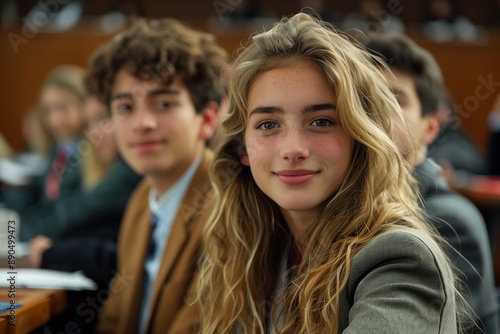 Young Woman Smiling With Friends in a Classroom Setting