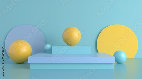 Minimalist Abstract Composition with Blue and Yellow Spheres and Platforms for product display