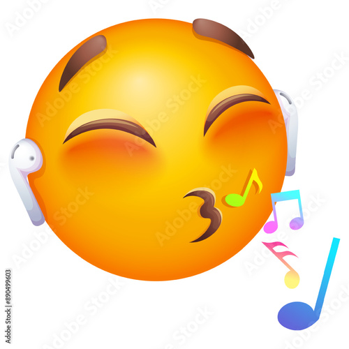 Emoji with earphones listening to music. Emoticon singing on white background. Emoji for party, celebration, invitation, postcard, print, graphic design elements. Cute emoticon