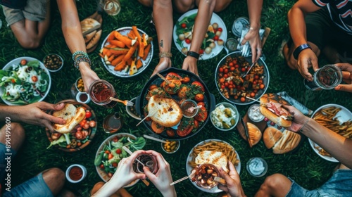 An outdoor gathering with people enjoying a variety of dishes laid out on a grassy area. The photo captures hands reaching for food, sharing drinks, and a communal, festive atmosphere.