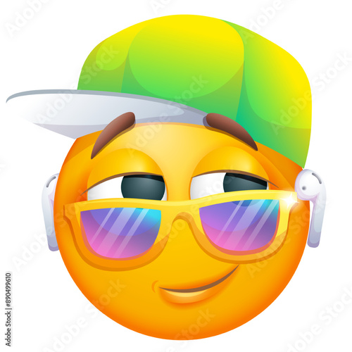 Emoji with earphones listening to music. Emoticon in sunglasses and cap on white background. Emoji for party, celebration, invitation, postcard, print, graphic design elements. Cute emoticon