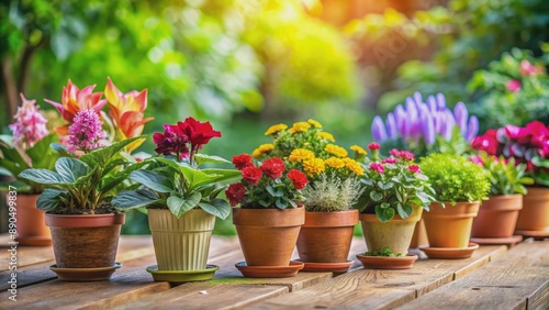 A vibrant row of assorted potted plants, each with unique foliage and blooms, sit aligned on a rustic wooden table against a soft, blurred background.
