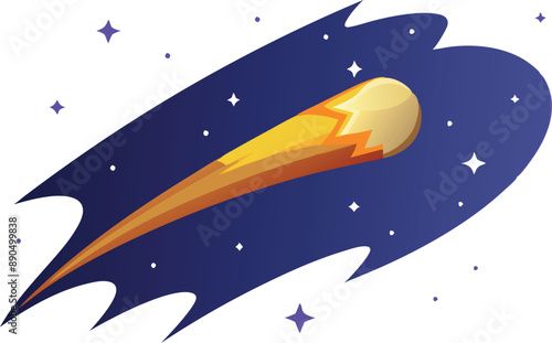 Colorful cartoon illustration of a comet or shooting star streaking through space with a dark starry background.