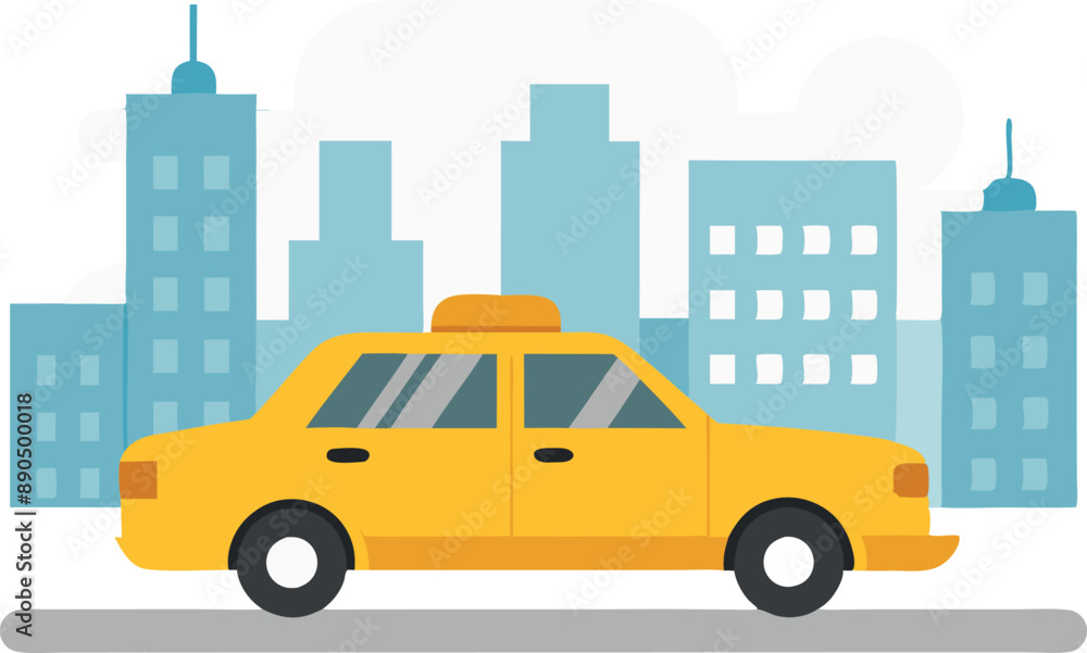 Illustration of a yellow taxi cab driving in a city with tall buildings in the background. Illustration of a yellow taxi cab driving in a city with tall buildings in the background.