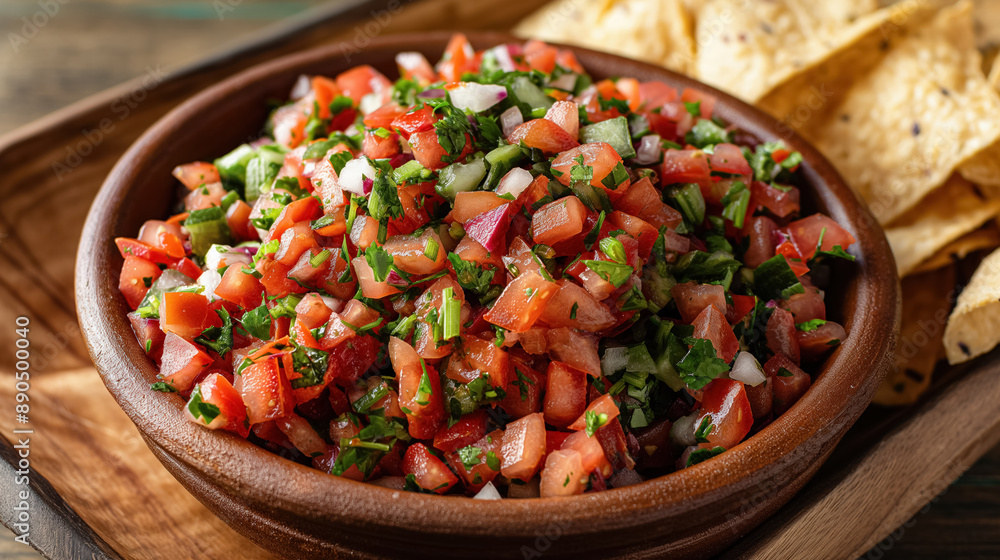 Fresh pico de gallo in a wooden bowl with tortilla chips on the side, showcasing vibrant colors and textures. Fresh pico de gallo in a wooden bowl with tortilla chips on the side, showcasing vibrant colors and textures.