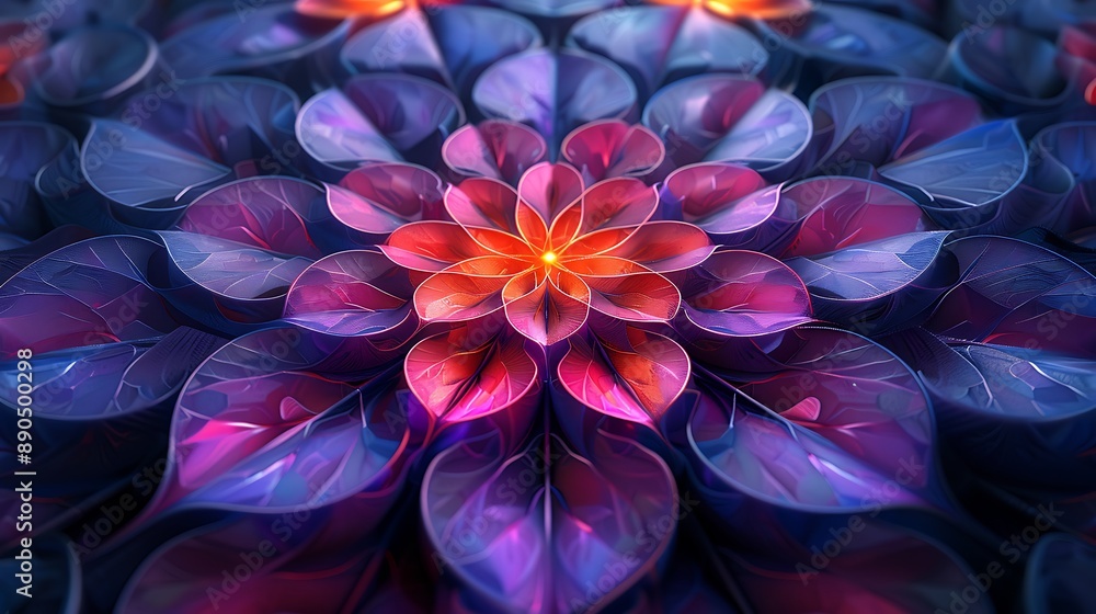 A symmetrical geometric pattern of interlocking circles in shades of purple and pink, resembling a floral motif A symmetrical geometric pattern of interlocking circles in shades of purple and pink, resembling a floral motif