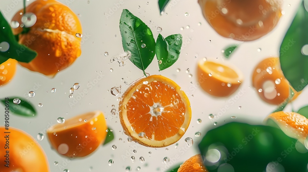 Fresh and juicy orange slices with green leaves splashing into clear water, creating a vibrant and refreshing composition. Fresh and juicy orange slices with green leaves splashing into clear water, creating a vibrant and refreshing composition.