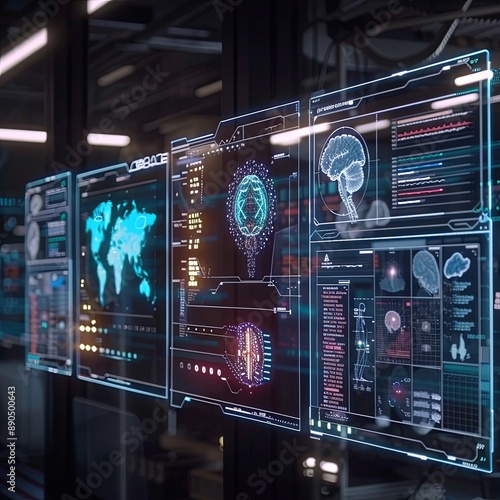 UI for medical applications. Infographics about futuristic medicine and health technology elements of the HUD moving. Medical data is evaluated by artificial intelligence on a holographic screen.