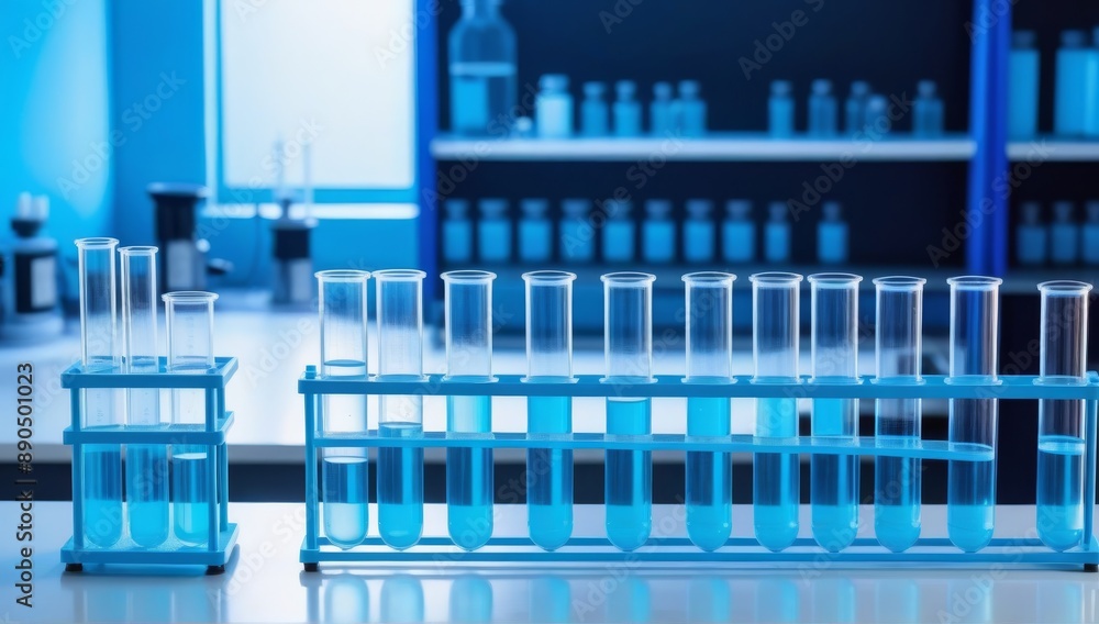 Test tube with clear liquid in dark laboratory room Test tube with clear liquid in dark laboratory room