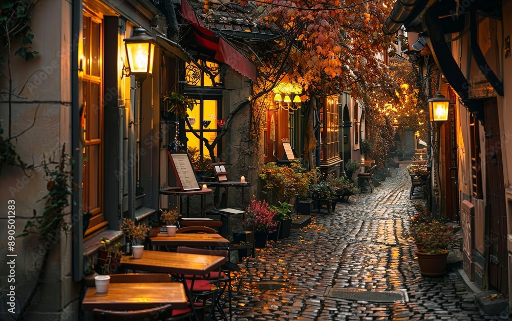 Warm and quaint European cafe on a cobblestone street with autumn foliage and evening lantern light. Warm and quaint European cafe on a cobblestone street with autumn foliage and evening lantern light.