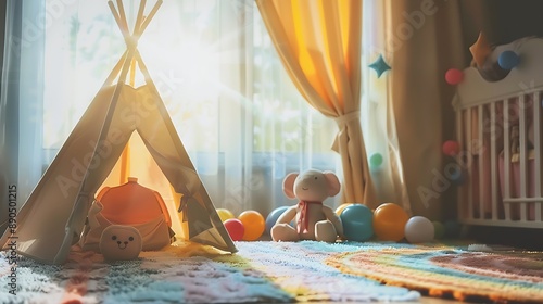 Kid play room creatve fun and playful space cozy children bedroom with tent toy and doll with sun light from window dramatic light interior background,ai generate photo