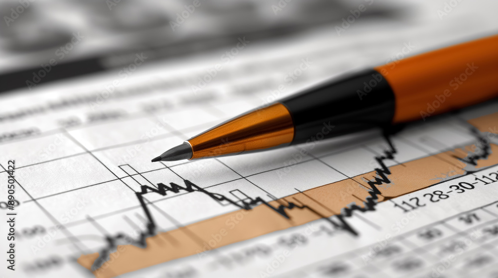 Pen resting on a financial chart with graphs and data, symbolizing analysis, investment, and financial planning.