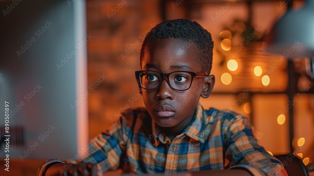 A young boy wearing glasses is sitting in front of a computer monitor A young boy wearing glasses is sitting in front of a computer monitor