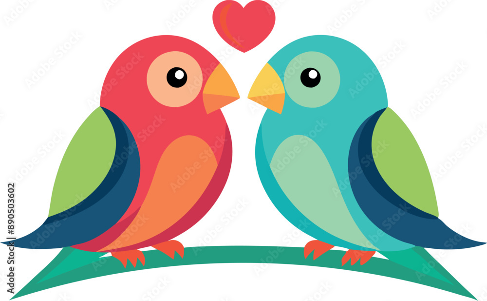 Illustration of two colorful cartoon birds sitting on a branch with a heart symbolizing love. Perfect for romantic or Valentine's Day themes. Illustration of two colorful cartoon birds sitting on a branch with a heart symbolizing love. Perfect for romantic or Valentine's Day themes.