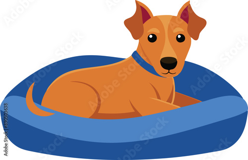 A cute illustration of a dog resting comfortably in a blue dog bed. Perfect for pet-themed designs and graphics.
