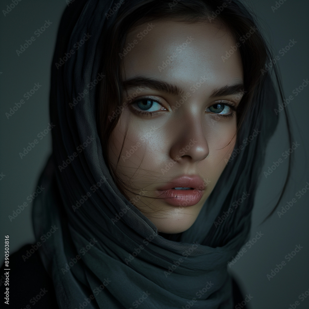 Elegant Woman with Blue Eyes in Dark Headscarf Against Soft Background Elegant Woman with Blue Eyes in Dark Headscarf Against Soft Background