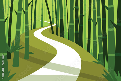 Illustration of a scenic winding path leading through a peaceful and vibrant bamboo forest, evoking tranquility and nature's beauty.