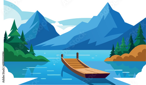 Beautiful illustration of a mountain landscape featuring a serene lake, lush pine trees, and a wooden dock.