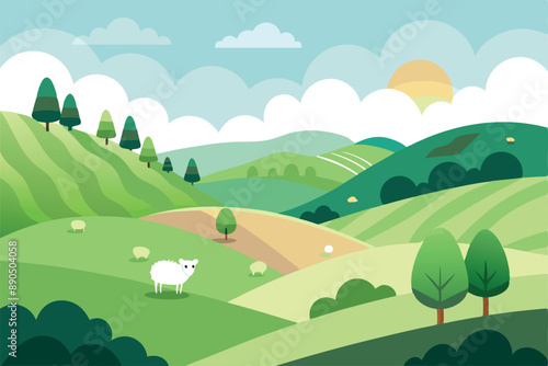 A picturesque countryside scene featuring grazing sheep on lush green hills with a sunrise background. Captures the tranquil beauty of nature and rural life.