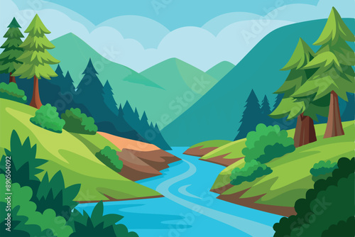 A tranquil mountain scene with a flowing river, green rolling hills, and lush trees. Perfect for nature, outdoors, and adventure themes.