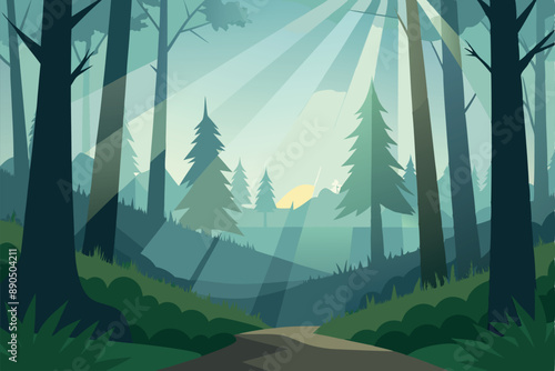 Scenic illustration of a sunrise in a dense forest with tall trees and vivid sun rays. Ideal for nature, scenery, and landscape concepts.