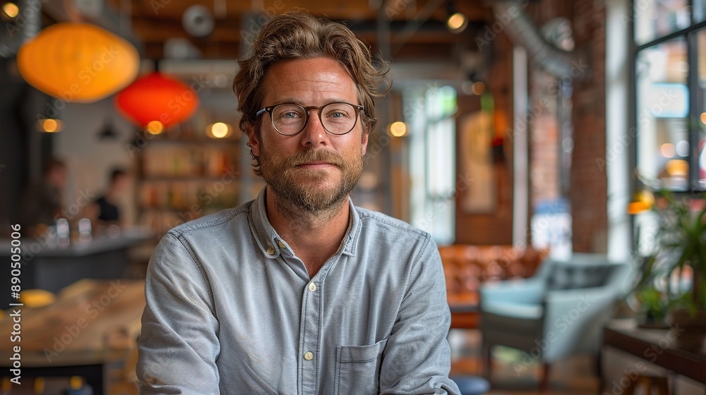Fototapeta premium A man with a beard and glasses is sitting at a table in a restaurant