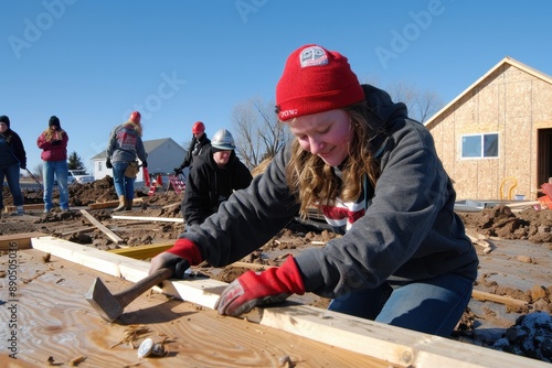 volunteers working together to build a new home for a low-income family. They are hammering nails, lifting wooden beams, and collaborating on various construction tasks.