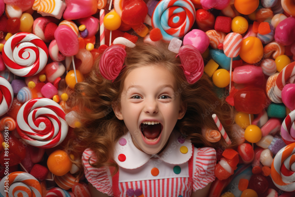 Little girl with colorful candies and lollipops. Little girl with colorful candies and lollipops.