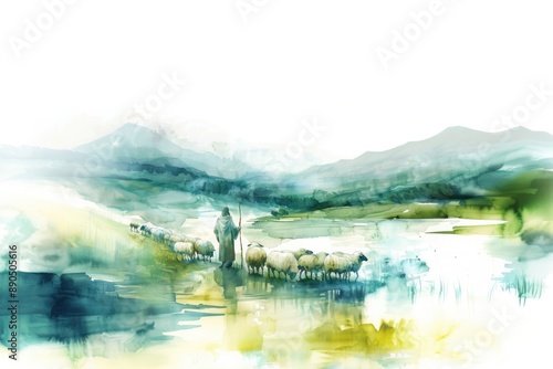 The Lord is my sheperd. Watercolor landscape with sheeps on the meadow by the river and a sheperd watching over them, vector illustration.  photo