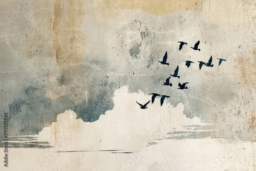 Grunge image of birds flying over the sea on a serene sky. photo