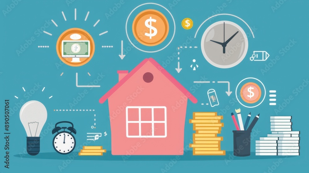 Conceptual illustration of financial planning related to home purchase and investment, including cash, coins, and time management. Conceptual illustration of financial planning related to home purchase and investment, including cash, coins, and time management.