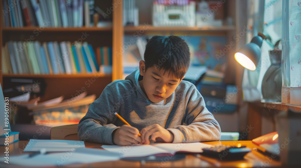 A young student working on a math assignment at a desk in a home study area. The student is focused on solving problems with a pencil and paper, surrounded by educational materials such as A young student working on a math assignment at a desk in a home study area. The student is focused on solving problems with a pencil and paper, surrounded by educational materials such as