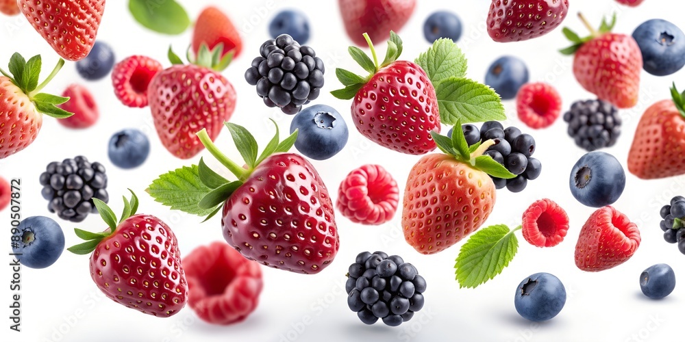 Flying Assorted Berries on White Background for Summer Design and Healthy Eating Concepts. Selective Focus Flying Assorted Berries on White Background for Summer Design and Healthy Eating Concepts. Selective Focus