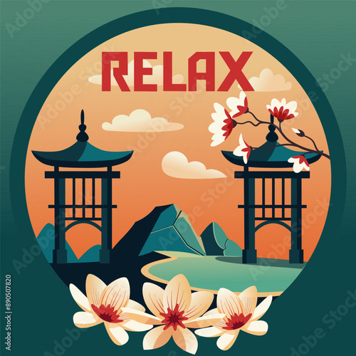 poster with the text Relax with an image of a gazebo of mountains with cherry blossoms
