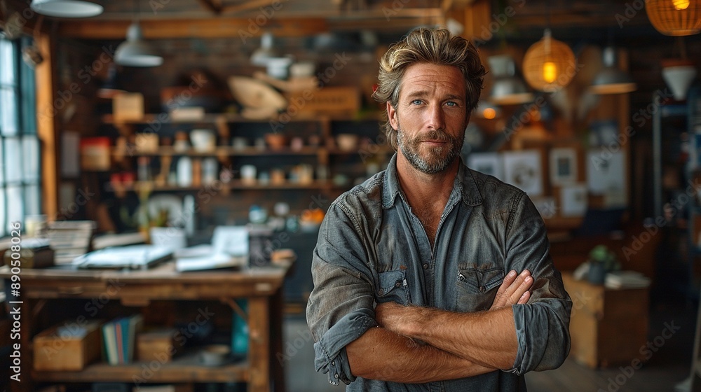 A man stands in a room with a lot of stuff around him A man stands in a room with a lot of stuff around him
