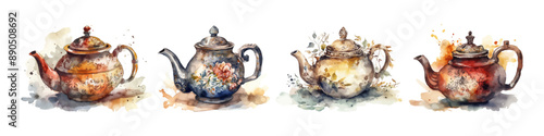 Watercolor teapot illustration. Сollection of teapots.