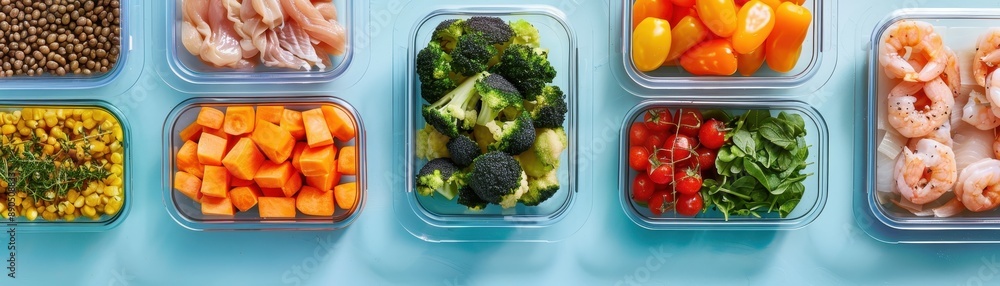 Top view of various healthy meal prep containers filled with fresh vegetables, fruits, and proteins arranged on a blue background. Top view of various healthy meal prep containers filled with fresh vegetables, fruits, and proteins arranged on a blue background.