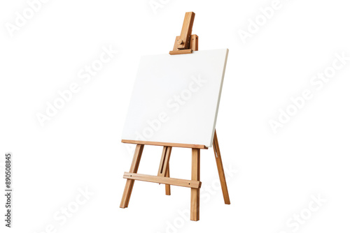 Wood art easel stand with a blank canvas isolated on transparent background