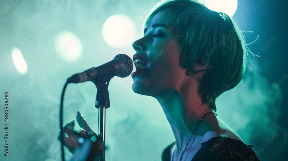 A woman singing into a microphone with smoke in the background A woman singing into a microphone with smoke in the background