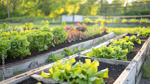 Fototapeta Naklejka Na Ścianę i Meble -  A well-maintained vegetable garden at a school farm, showcasing rows of growing crops such as lettuce, carrots, and tomatoes. The garden is organized with raised beds and clearly defined 